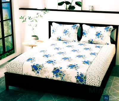 Yashi decor 160 TC Cotton Double Printed Flat Bedsheet(Pack of 1, White)