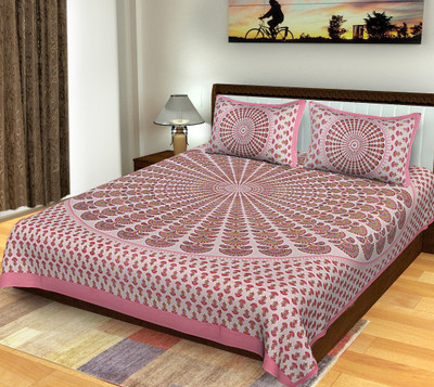 E ELMA 250 TC Cotton Double Jaipuri Prints Flat Bedsheet(Pack of 1, Pink)