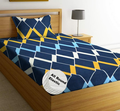 Rvans Creations 210 TC Microfiber Single Floral Fitted (Elastic) Bedsheet(Pack of 1, Blue Geometric)