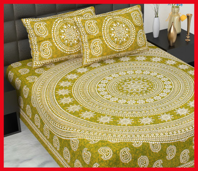 BedZone Cotton Double Flat 210 TC Jaipuri Prints Bedsheet(Pack of 1, Green)