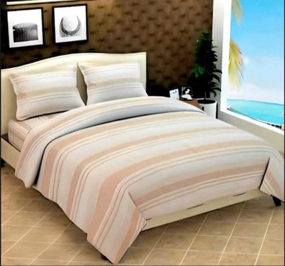 SPSON'S HANDLOOM 210 TC Cotton King Striped Flat Bedsheet(Pack of 1, white & peach)