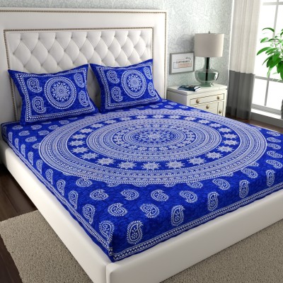 CLOTHOLOGY 144 TC Cotton Double Jaipuri Prints Flat Bedsheet(Pack of 1, Blue)