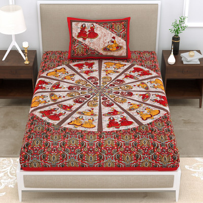 Kksh Cotton Single Flat 144 TC Printed Bedsheet(Pack of 1, Red)