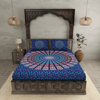 JAIPUR FABRIC Cotton Double Flat 180 TC Printed Bedsheet(Pack of 1, Blue)
