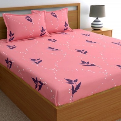 VORDVIGO 300 TC Cotton Queen Floral Fitted (Elastic) Bedsheet(Pack of 1, PinkPatti)