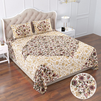 Castile Cotton King Flat 360 TC Floral Bedsheet(Pack of 1, Marron)