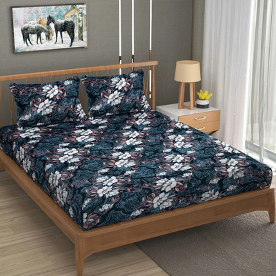 BLUEDOT Fleece King Fitted (Elastic) 200 TC Floral Bedsheet(Pack of 1, Black)
