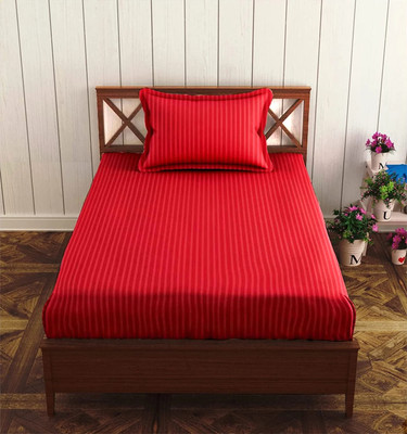 roman Cotton Single Flat 300 TC Striped Bedsheet(Pack of 1, Red)