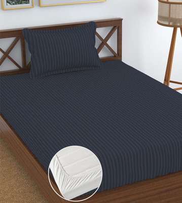 Lucury Trends 180 TC Cotton Single Striped Fitted (Elastic) Bedsheet(Pack of 1, Blue)