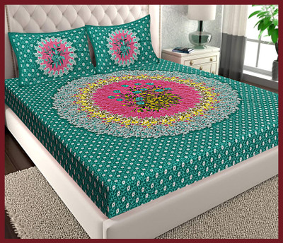 JAIPUR PRINTS Cotton Double Flat 144 TC Jaipuri Prints Bedsheet(Pack of 1, Green)