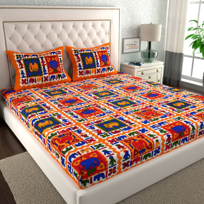 CLOTHOLOGY Cotton Double Flat 144 TC Jaipuri Prints Bedsheet(Pack of 1, Yellow, Orange, Green, Blue)
