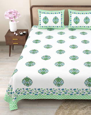 CLOTHOLOGY Cotton King Flat 240 TC Jaipuri Prints Bedsheet(Pack of 1, Green, Grey)