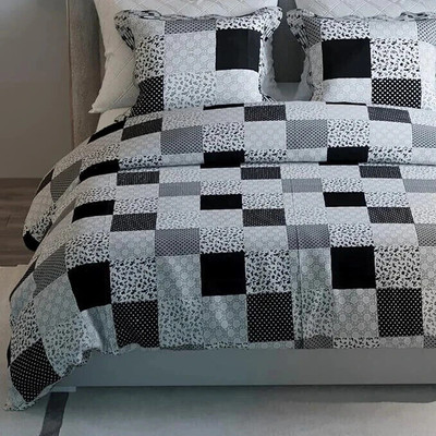 LABHAM 180 TC Cotton Queen Abstract Flat Bedsheet(Pack of 1, White, Black)