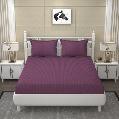 TURIYA Cotton Super King Flat 200 TC Striped Bedsheet(Pack of 1, Plum)
