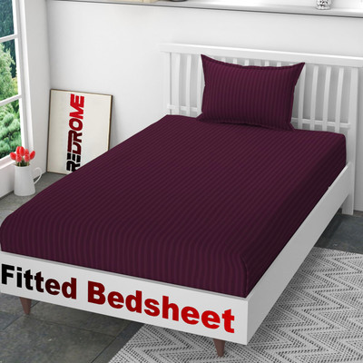 REDROME Cotton Single Fitted (Elastic) 300 TC Striped Bedsheet(Pack of 1, Wine)