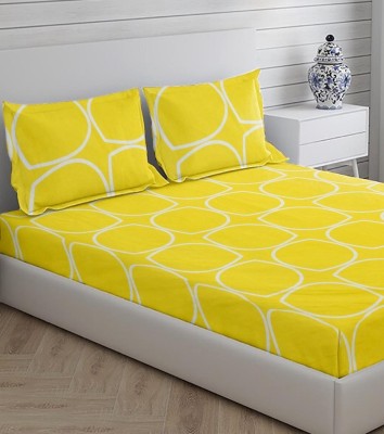 Zivias 220 TC Cotton King Printed Fitted (Elastic) Bedsheet(Pack of 1, Yellow)