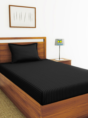 Houseofowlet 210 TC Cotton Single Striped Flat Bedsheet(Pack of 1, Black)