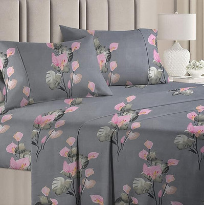 LX LOYREX 240 TC Cotton Queen 3D Printed Flat Bedsheet(Pack of 1, grey pink designer printed bedsheet with matching pillow covers)