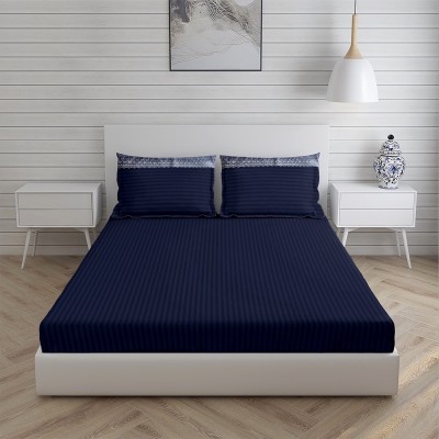 Manvi Designs 300 TC Cotton Queen Striped Fitted (Elastic) Bedsheet(Pack of 1, Midnight Blue)