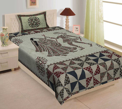 Rajasthani Traditional Cotton Single Flat 300 TC Jaipuri Prints Bedsheet(Pack of 1, Grey & Brown)