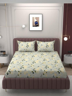 OM SAI DECOR Cotton King Fitted (Elastic) 350 TC Floral Bedsheet(Pack of 1, Grey)