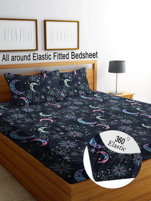 RisingStar Cotton Double Fitted (Elastic) 250 TC Striped Bedsheet(Pack of 1, Fitted_Night_Stars_double)