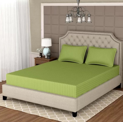 Aki Traders Polycotton Queen Flat 210 TC Striped Bedsheet(Pack of 1, Olive Green)