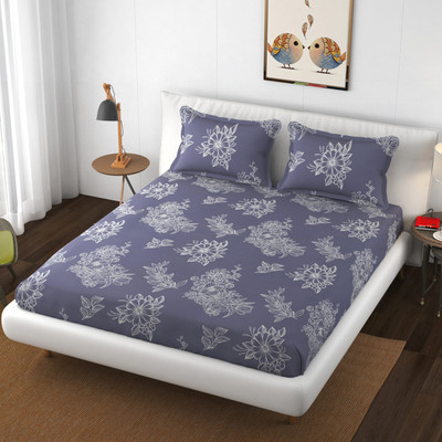 The Little Big Store Cotton King Fitted (Elastic) 210 TC Printed Bedsheet(Pack of 1, Grey Floral)
