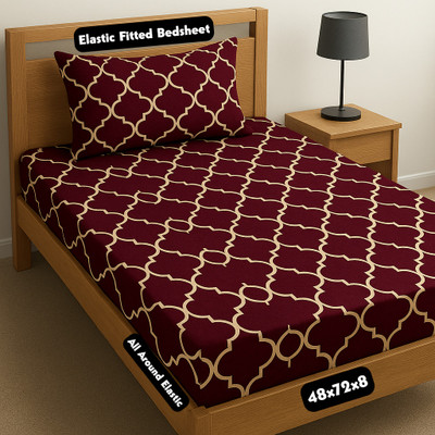 Amrange 190 TC Cotton Single Abstract Fitted (Elastic) Bedsheet(Pack of 1, Maroon)