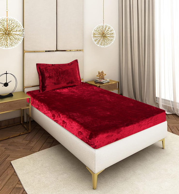 BM Decor Velvet Single Fitted (Elastic) 300 TC Solid Bedsheet(Pack of 1, Red)