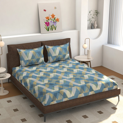 OSONIC 250 TC Microfiber King Abstract Fitted (Elastic) Bedsheet(Pack of 1, white & Sky blue)