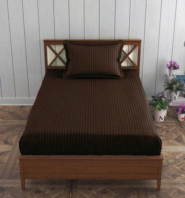 roman 300 TC Cotton Single Striped Fitted (Elastic) Bedsheet(Pack of 1, Brown)