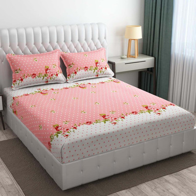 ABC Cotton Double Fitted (Elastic) 150 TC Floral Bedsheet(Pack of 1, Blue)
