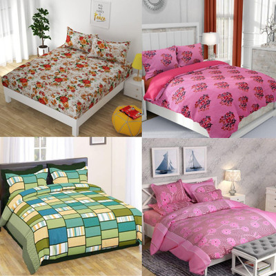 MORADO 144 TC Polycotton Double 3D Printed Flat Bedsheet(Pack of 4, Multicolor)