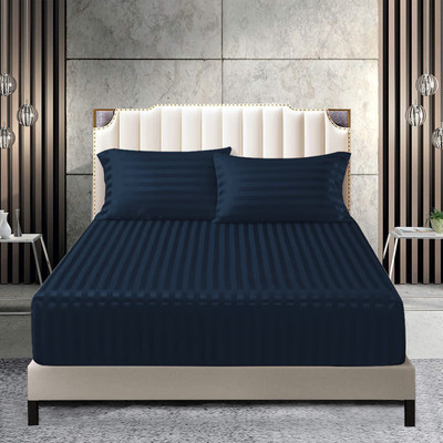 TURIYA Microfiber Double Fitted (Elastic) 180 TC Striped Bedsheet(Pack of 1, Blue)