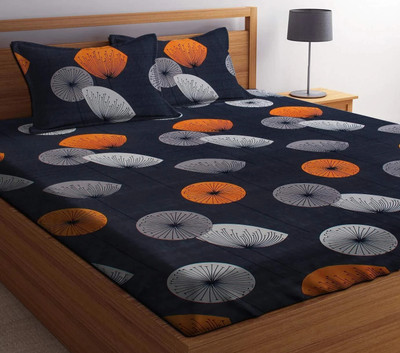 BEVI Microfiber Double Fitted (Elastic) 300 TC Printed Bedsheet(Pack of 1, Grey Orange)