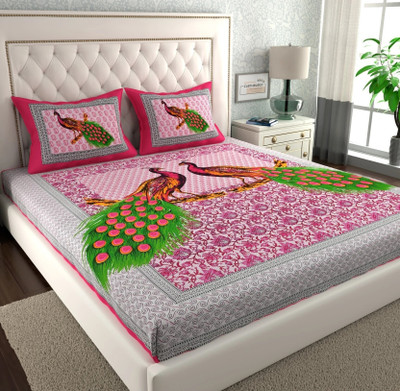 CLOTHOLOGY Cotton Double Flat 144 TC Jaipuri Prints Bedsheet(Pack of 1, Pink, Green, Grey)