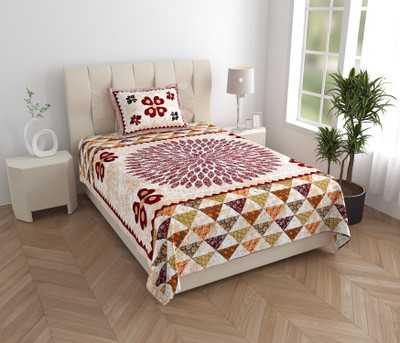 Mandakini Cotton Single Flat 140 TC Jaipuri Prints Bedsheet(Pack of 1, Maroon)