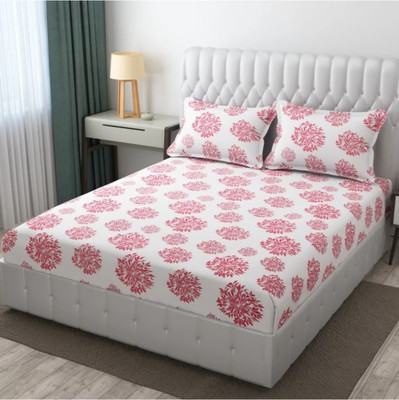 Decent Home Cotton Double Fitted (Elastic) 240 TC Floral Bedsheet(Pack of 1, Pink, White)