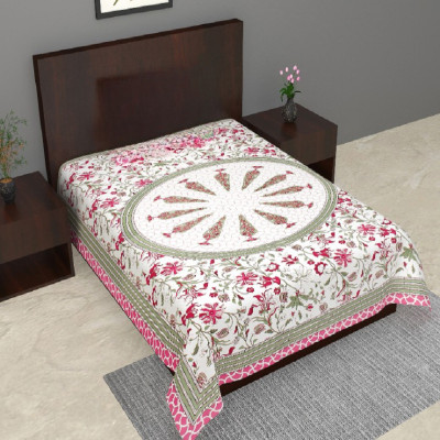 Indian Royal Fashion Cotton Single Flat 144 TC Jaipuri Prints Bedsheet(Pack of 1, Pink)
