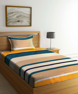 LX LOYREX 280 TC Cotton, Microfiber Single Striped Fitted (Elastic) Bedsheet(Pack of 1, Yellow, line1)