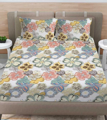 vnm home Microfiber King Fitted (Elastic) 210 TC Printed Bedsheet(Pack of 1, Beige, Multicolor)