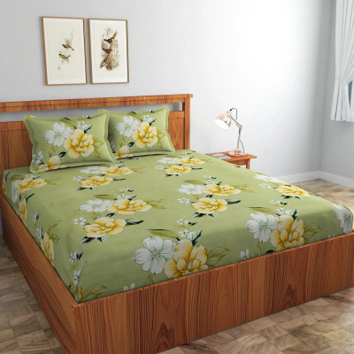 Ethe Home Cotton Double Fitted (Elastic) 280 TC Printed Bedsheet(Pack of 1, Green)