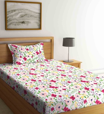 hargunz 140 TC Polycotton Single Floral Flat Bedsheet(Pack of 1, White)