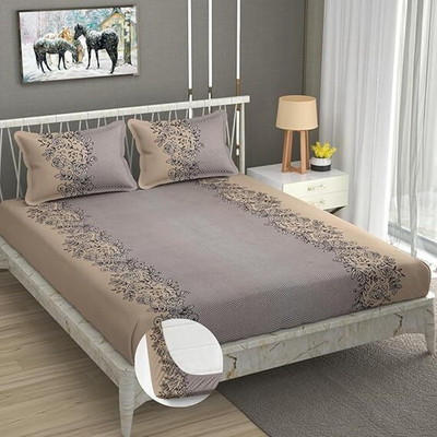 LX LOYREX Cotton King Fitted (Elastic) 250 TC Printed Bedsheet(Pack of 1, YELLOW HG56, MULTICOLOR002)