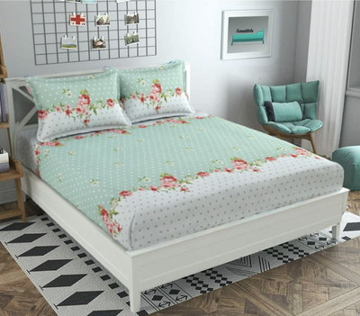 TURIYA Microfiber Double Fitted (Elastic) 180 TC Floral Bedsheet(Pack of 1, Green)
