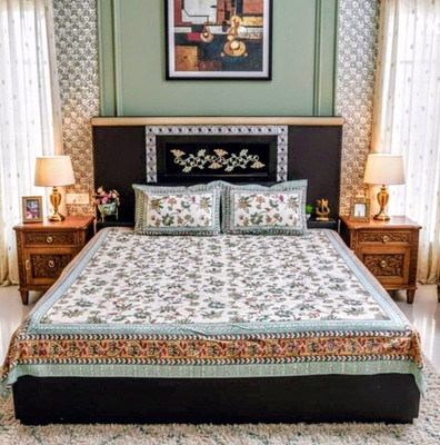 BhatiCollection Cotton King Flat 200 TC Floral Bedsheet(Pack of 1, Green Flora)