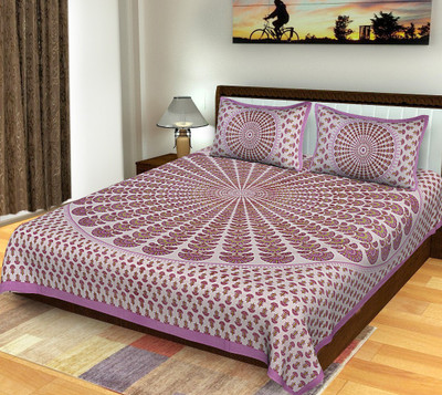 Home@shop 250 TC Cotton Double Jaipuri Prints Flat Bedsheet(Pack of 1, Purple)