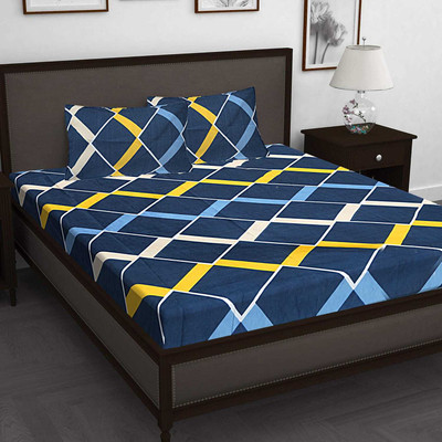 Dutchcoop 210 TC Cotton King 3D Printed Fitted (Elastic) Bedsheet(Pack of 1, Dark Blue)
