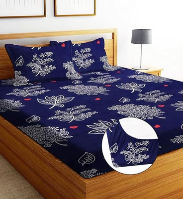SHOPHOX Cotton King Fitted (Elastic) 300 TC Printed Bedsheet(Pack of 1, Blue, Red)